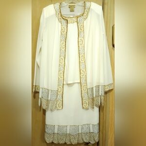 Midnight Velvet 3pc Skirt Set Womens L Formal Wear Cream Chiffon Gold Bead Trim